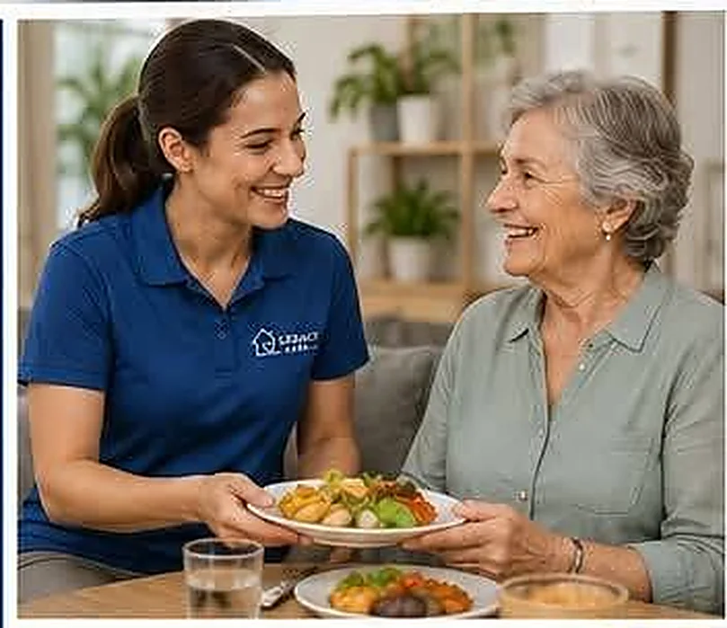 A caregiver handing a plate of fresh food to a smiling older woman at her kitchen table