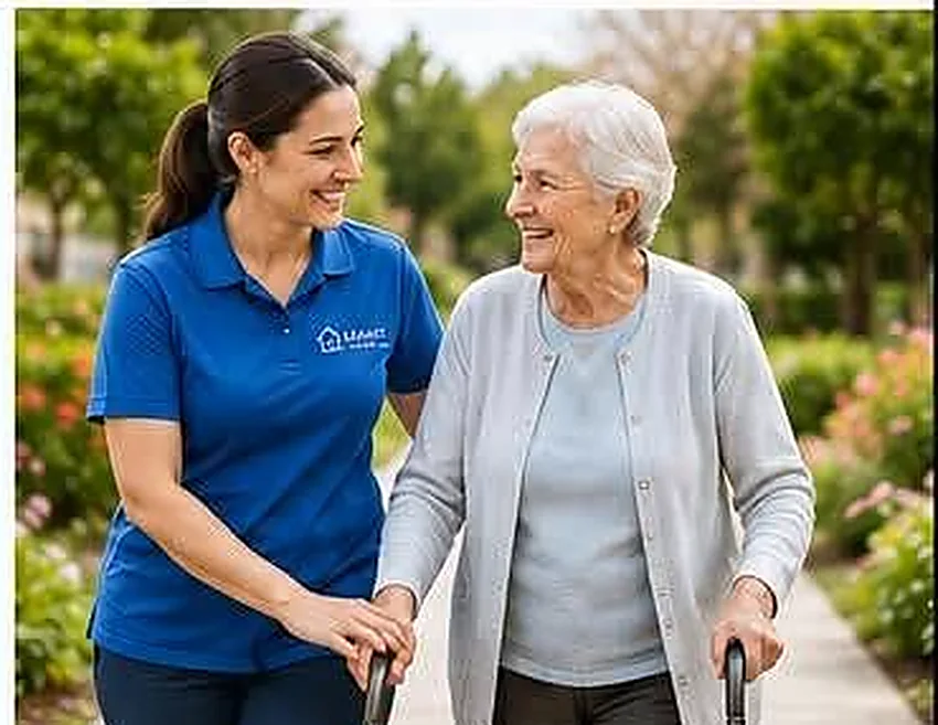 A caregiver walking arm in arm with an older woman using a cane along a garden path